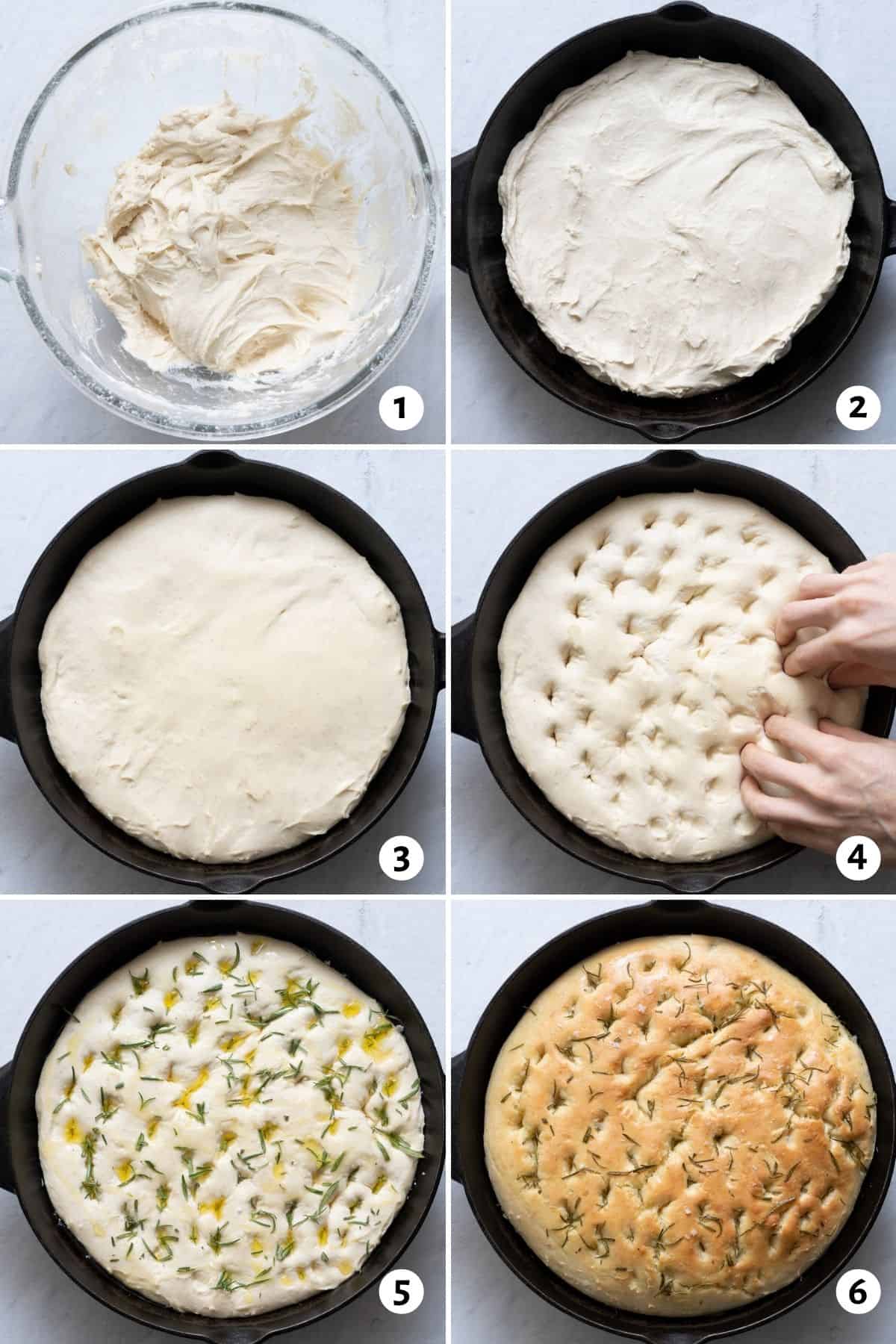 6 images collage on how to make recipe in cast iron skillet.