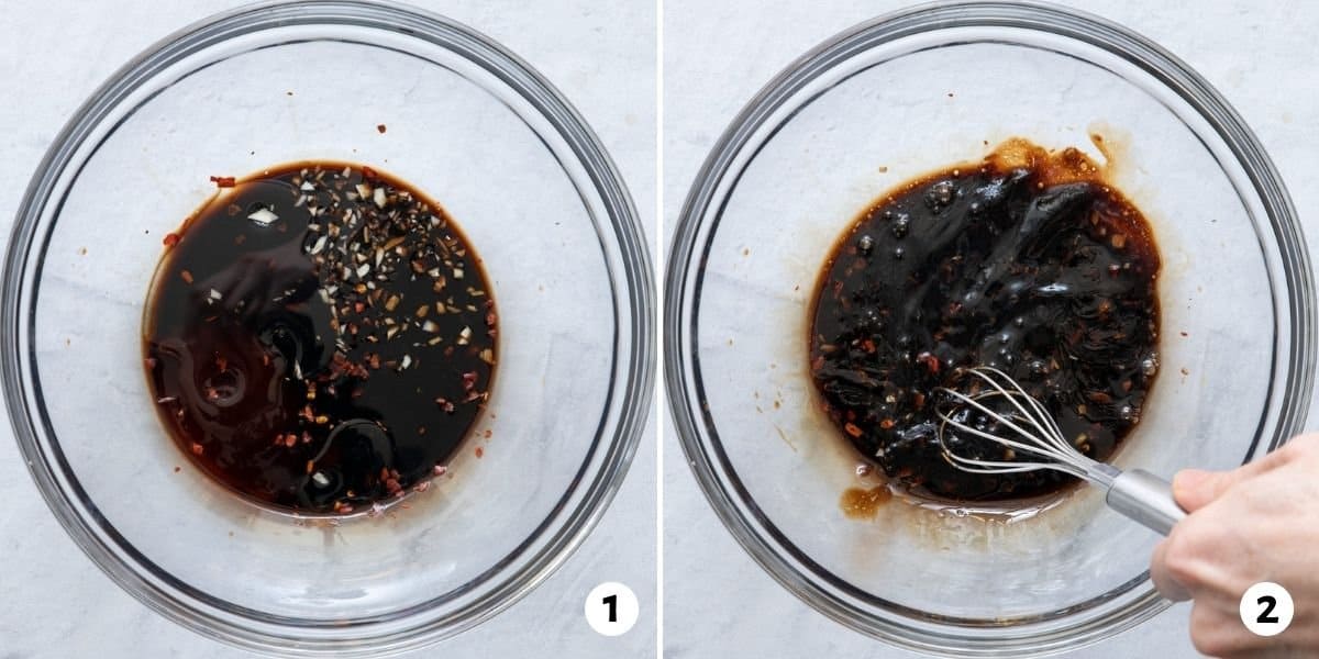 2 image collage of dressing ingredients in bowl and being whisked.,