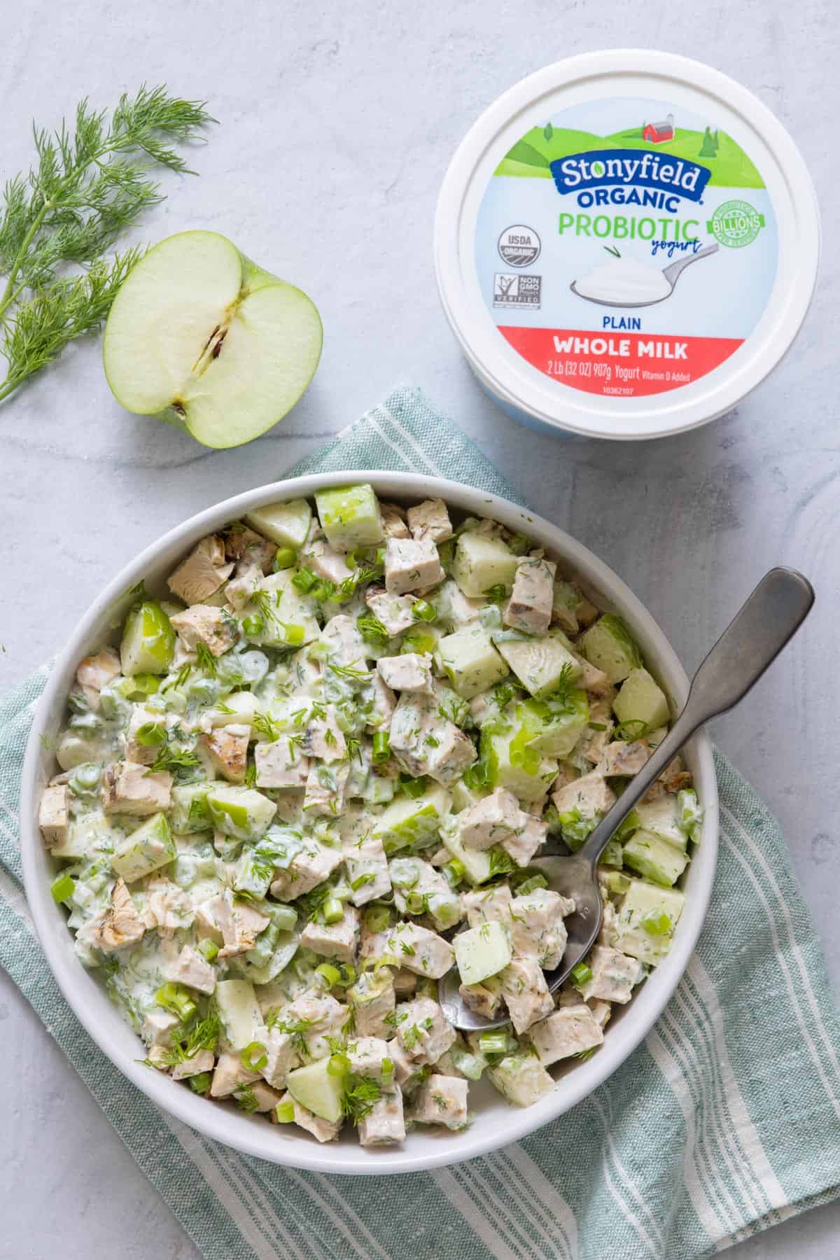 Stonyfield organic probiotic yogurt chicken salad in serving bowl.