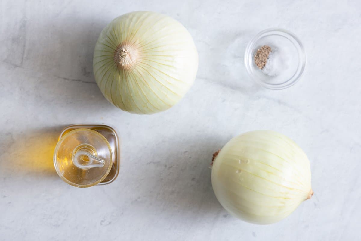 Two whole onions, oil, salt and pepper for recipe.