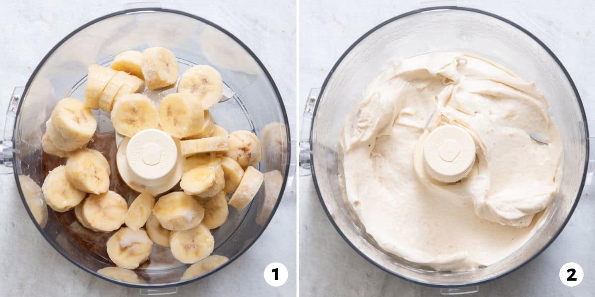 2 image collage of ingredients before and after being blended.