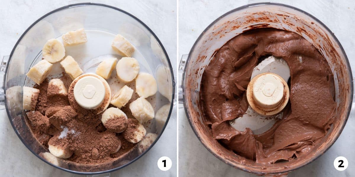2 image collage of ingredients before and after being blended.