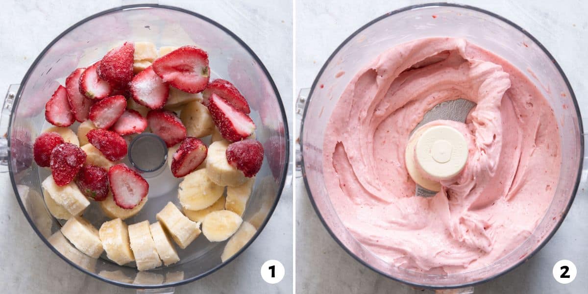 2 image collage of ingredients before and after being blended.