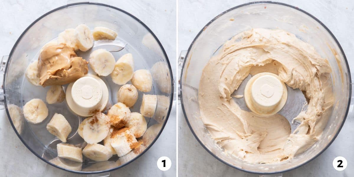 2 image collage of ingredients before and after being blended.