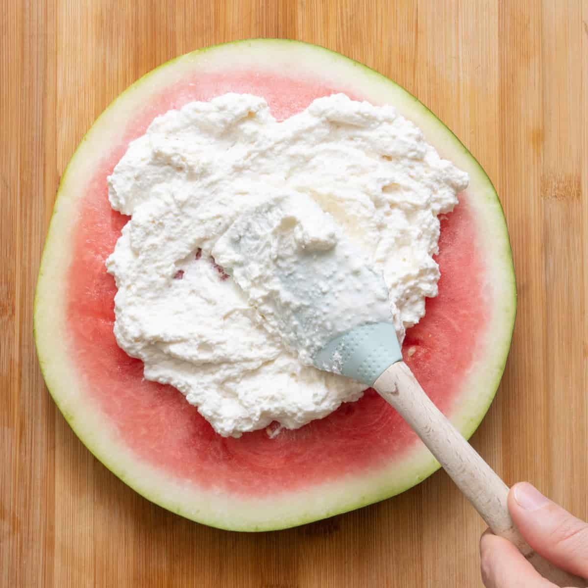 Spread ricotta mixture on watermelon.