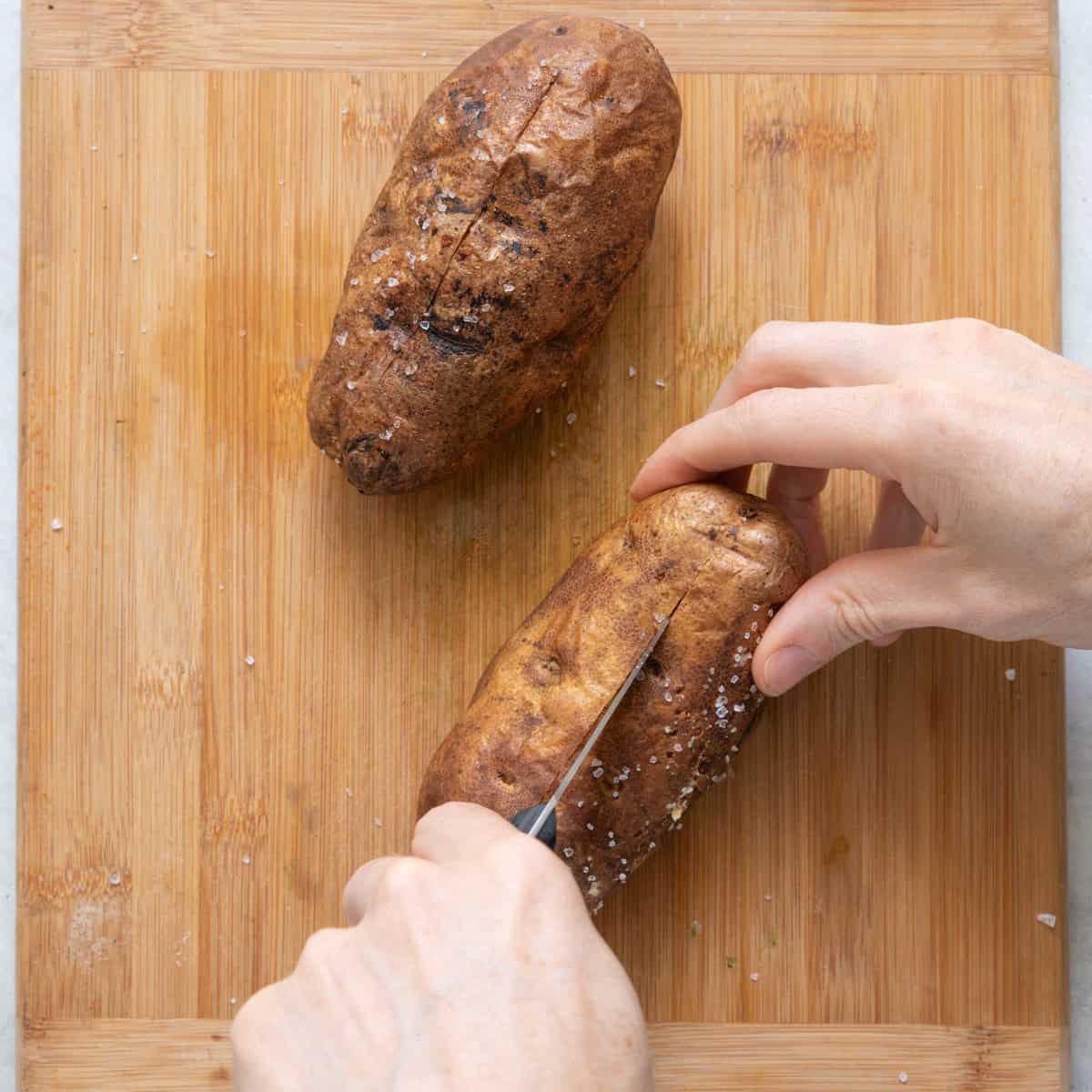 Sliced potato lengthwise down center.