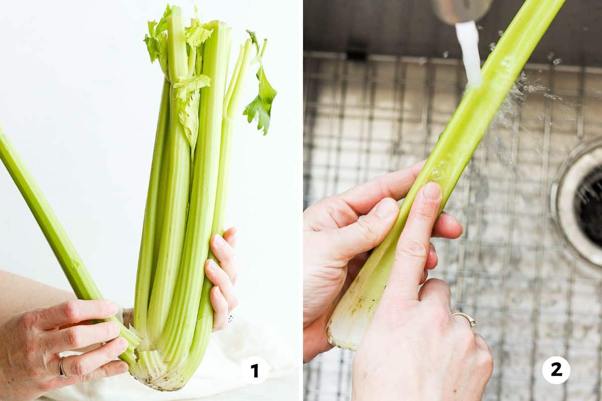 2 image collage snapping a rib from the stalk and then rinsing it under water while brushing away dirt with finger.