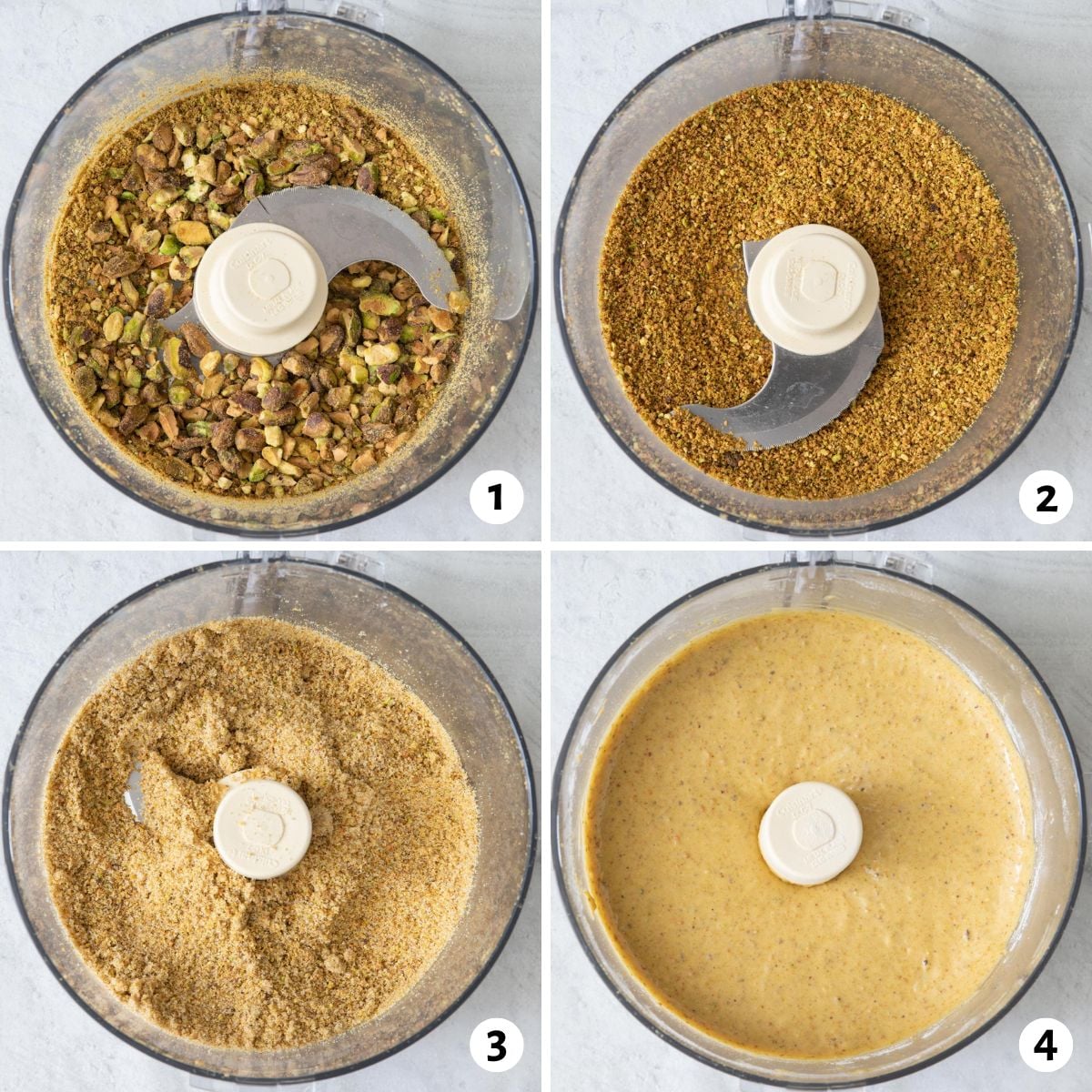 4 image collage mixing bread batter in a food processor.