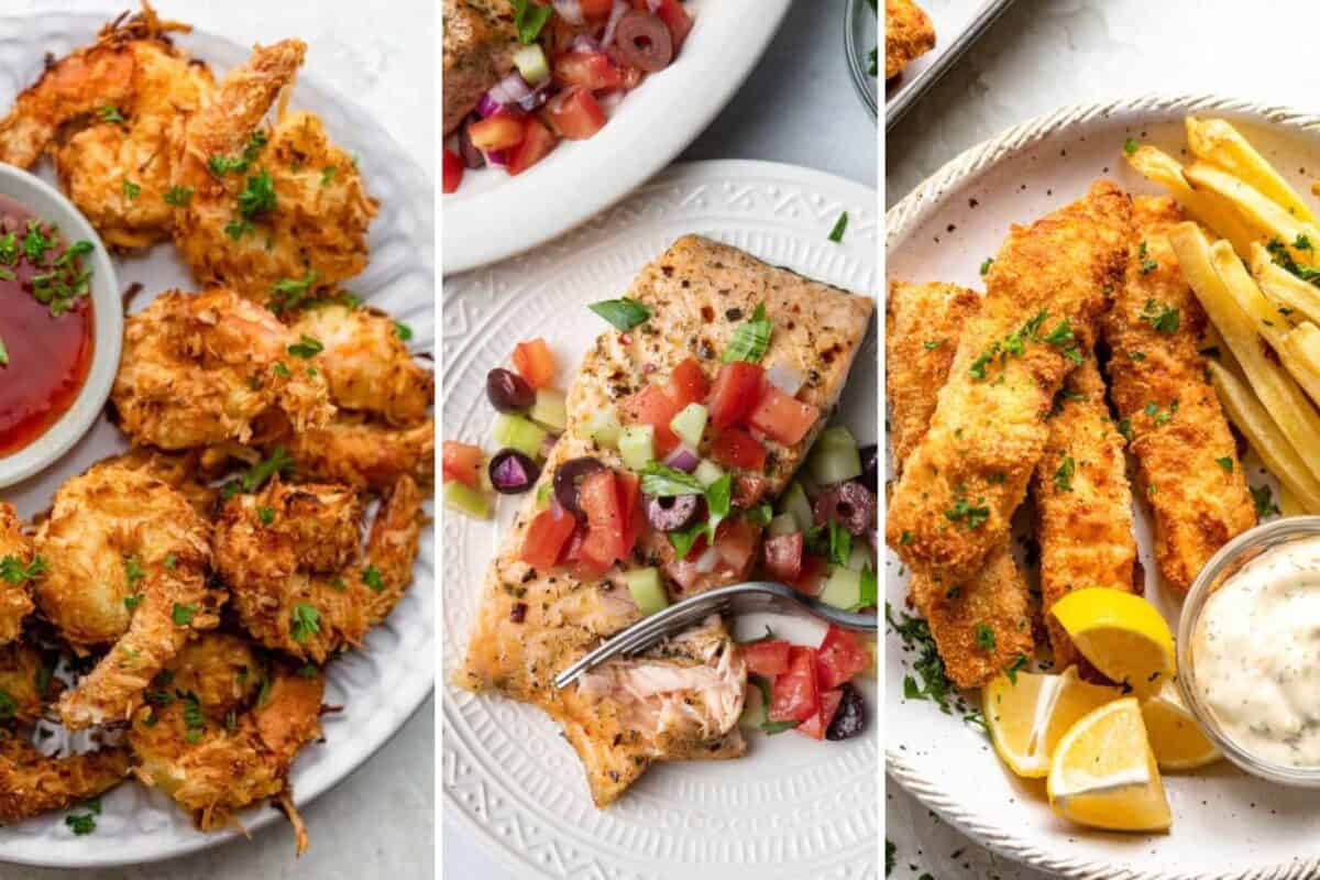 Roundup section image of collected recipes for air frying seafood.