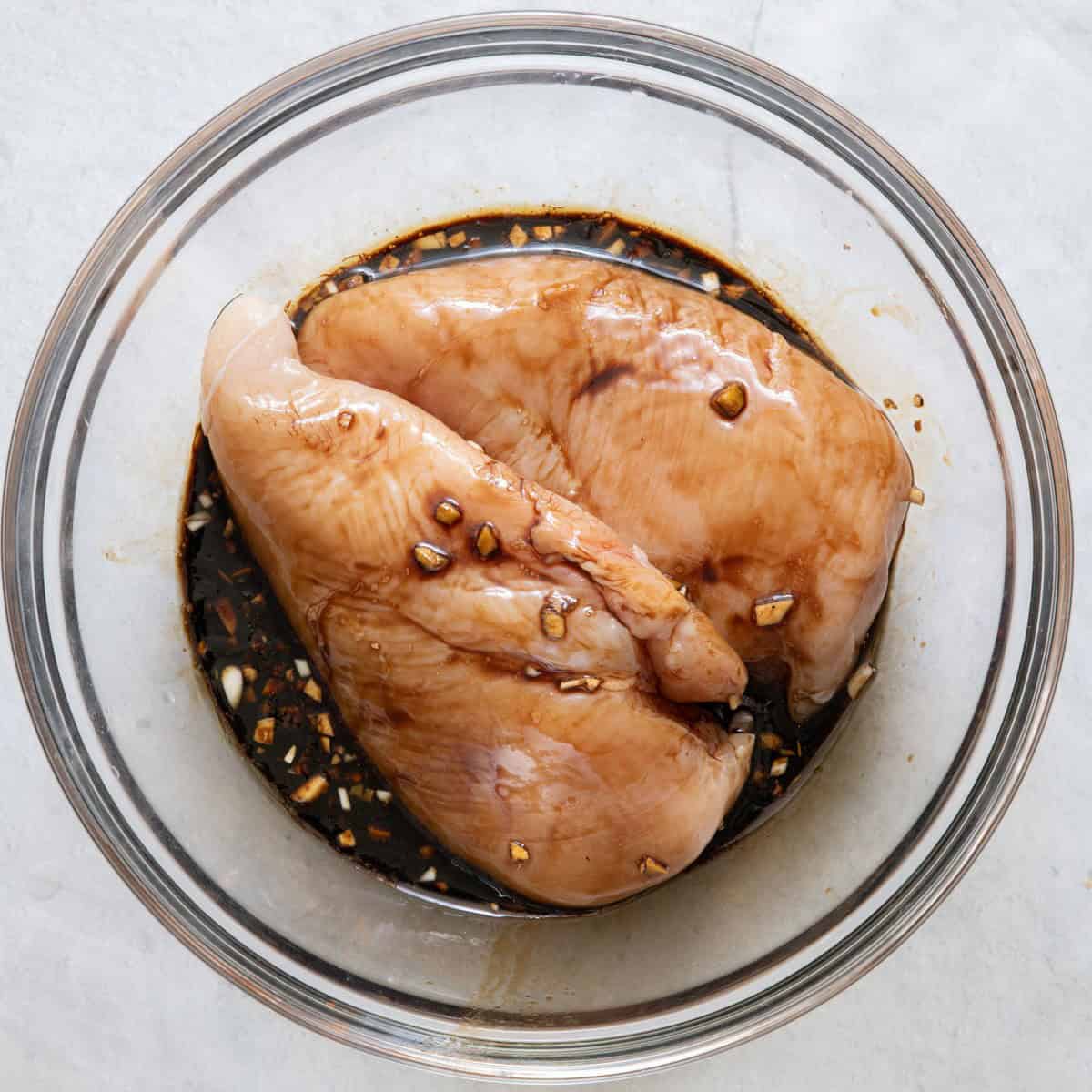 Everything marinated together in a bowl.