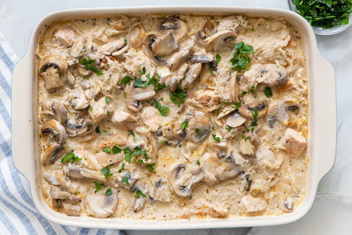 Casserole dish garnished with parsley