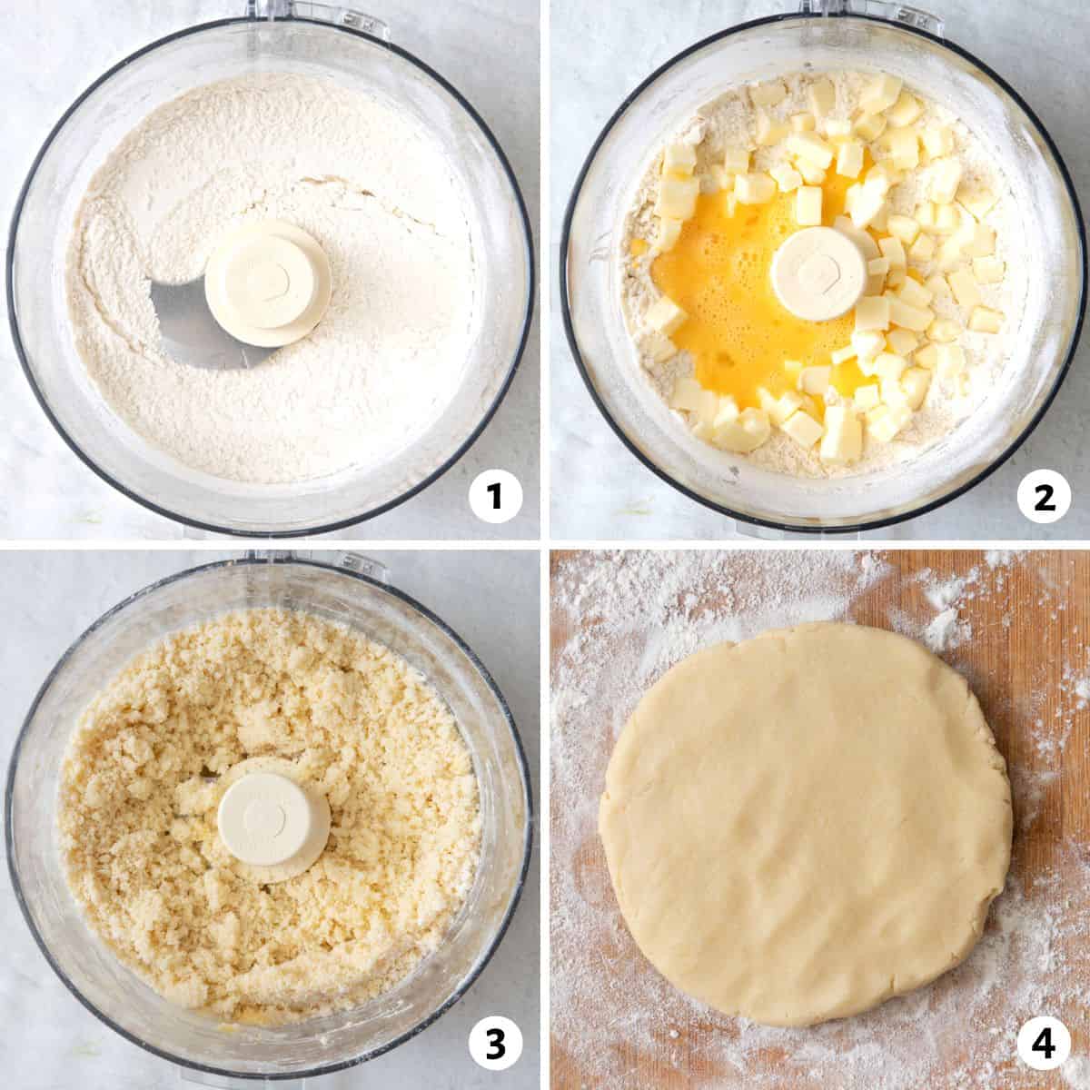 4 image collage making dough in a food processor and being rolled out on a floured cutting board.