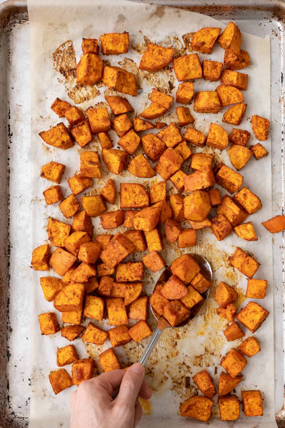 Recipe after baking with a spoon scooping some.