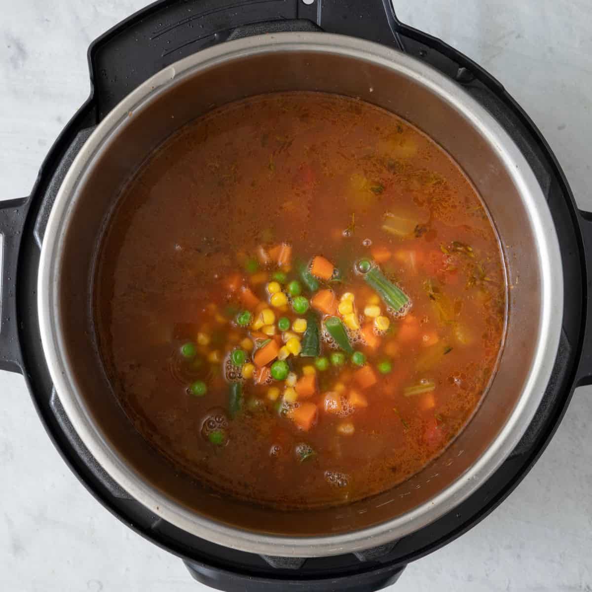 Frozen vegetables added after cooked.