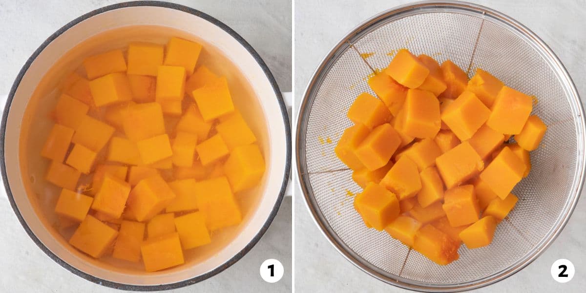 2 image collage cooking cubes in a pot of water and then straining them in a colander.