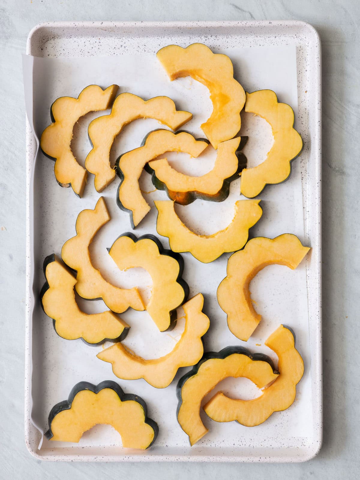 Squash on baking sheet.