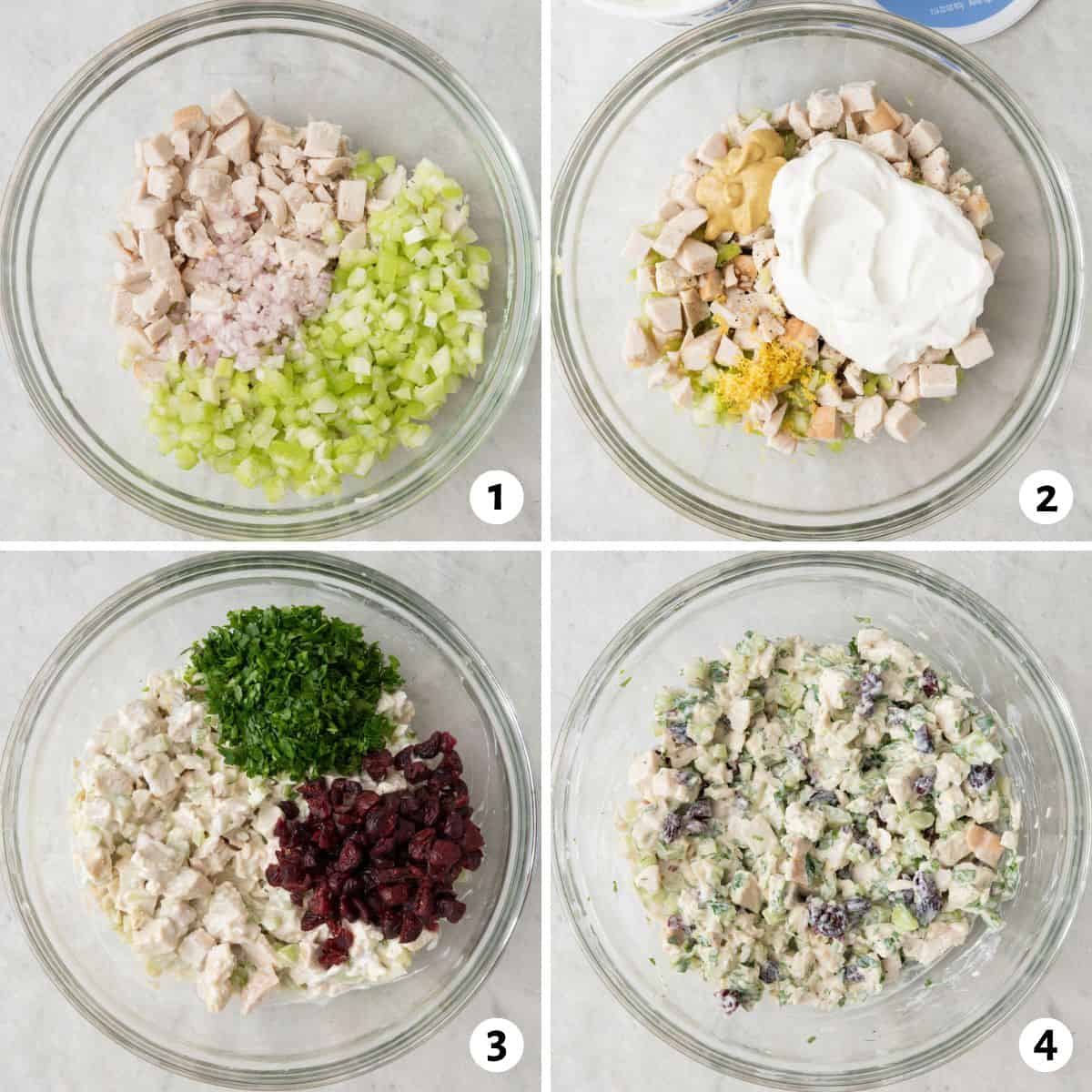 4 image collage preparing recipe in one bowl adding ingredients and mixing after each addition until fully incorporated.