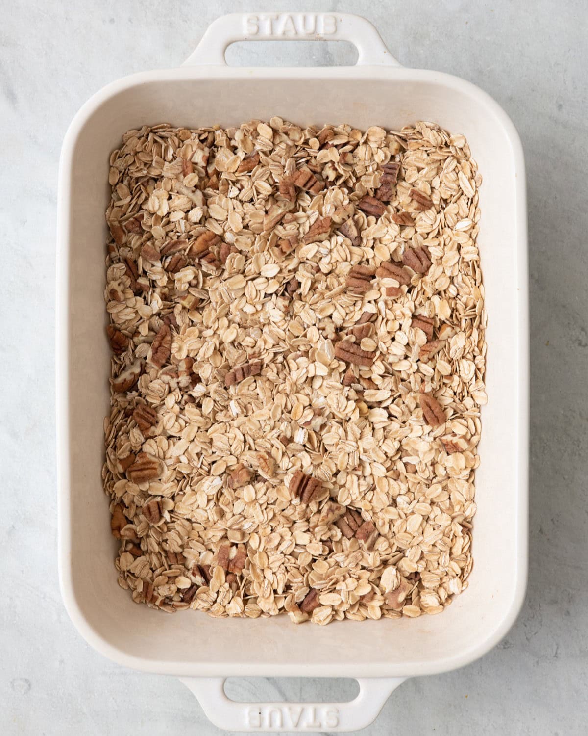 Dry ingredients in baking dish all combined.