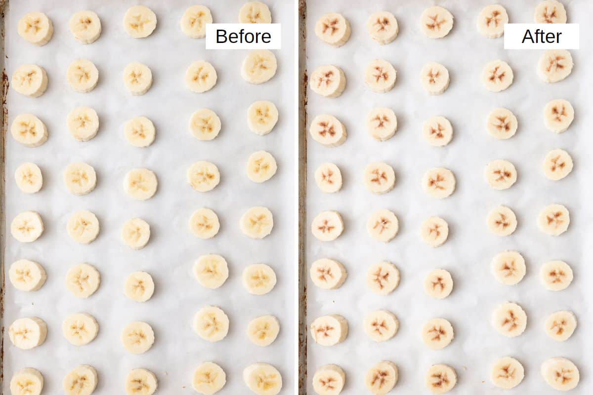 2 image collage showing slices on parchment lined baking sheet before and after freezing.