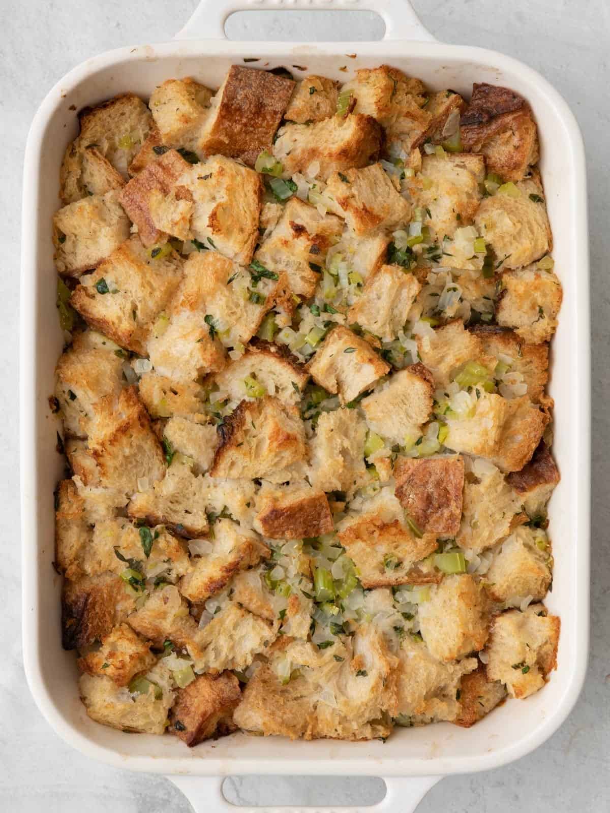 Stuffing in baking pan after baked.