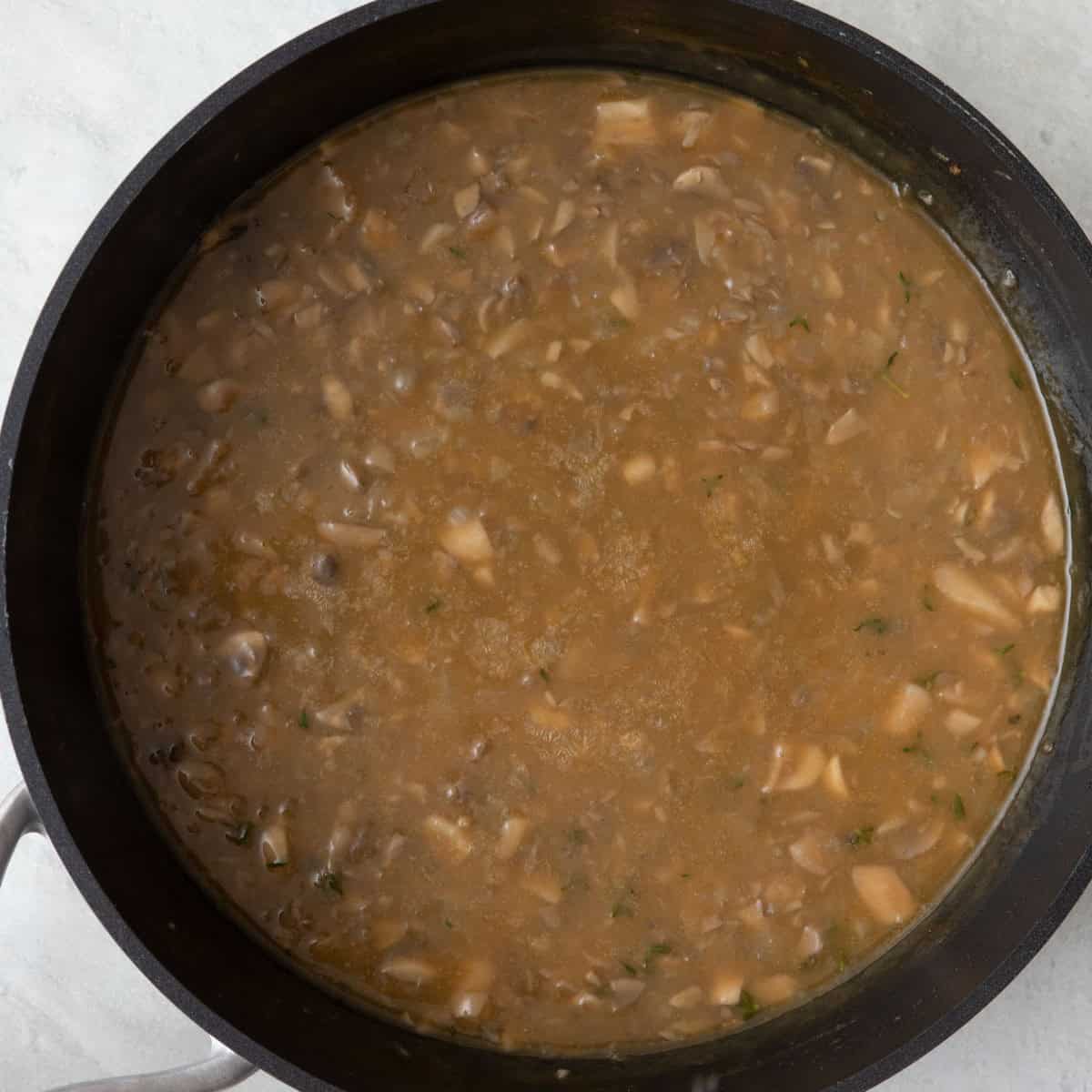 Gravy after cooking and thickened in saucepan.