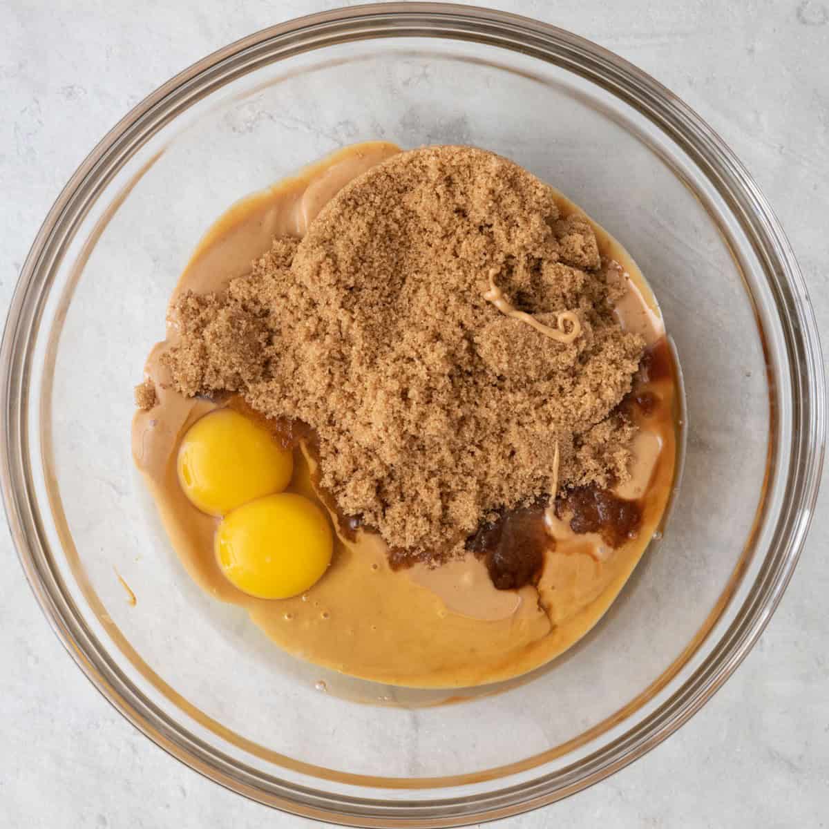Melted peanut butter, sugar, eggs and vanilla before combined.