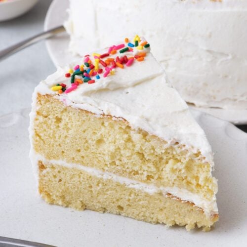 Slice of the cake on plate with fork.
