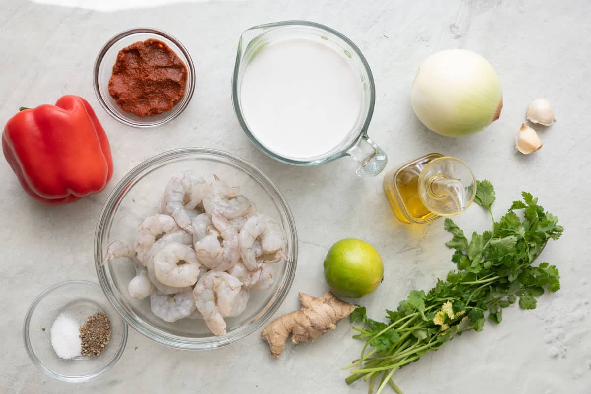Ingredients for recipe before prepped: red curry paste, whole red pepper, salt and pepper, cleaned and deveined uncooked shrimp, coconut milk, ginger root, whole onion, oil, fresh cilantro, and 2 garlic cloves.
