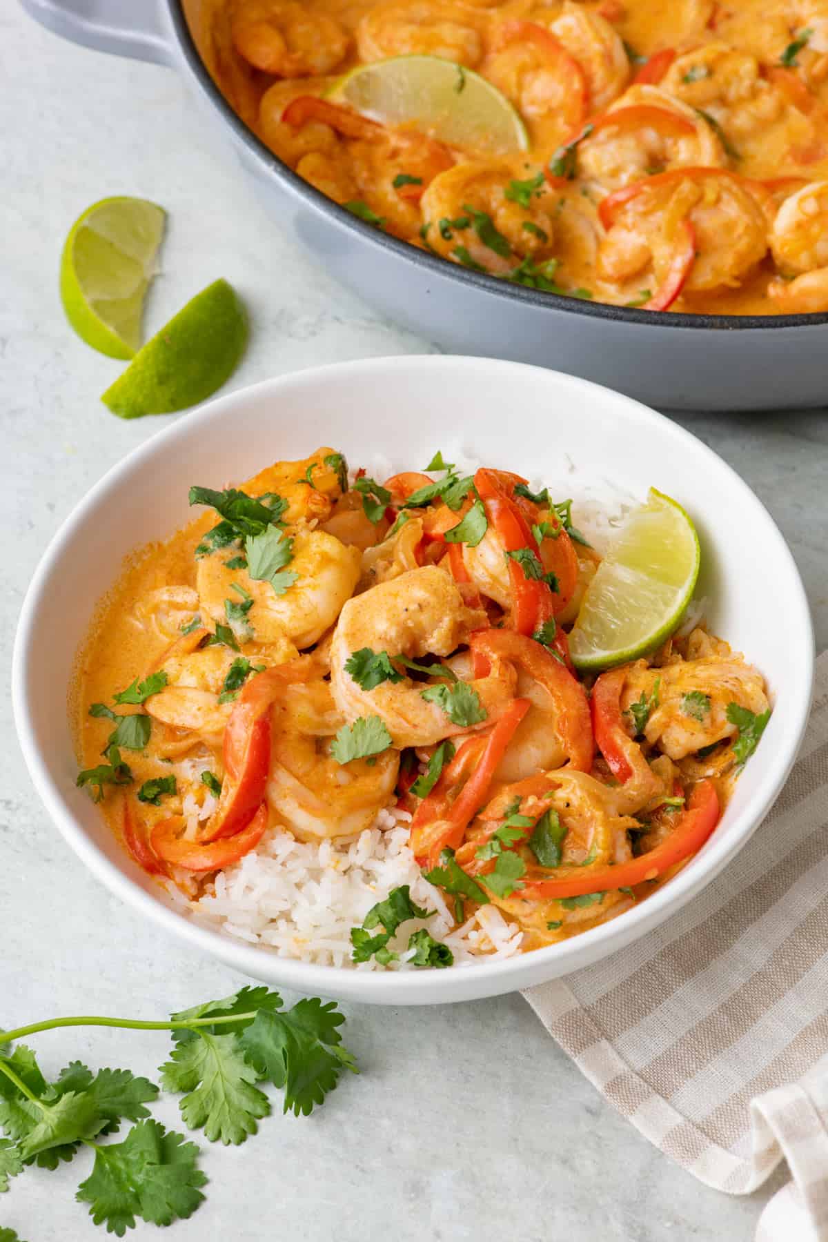 Bowl with white rice with curry served over and garnished with cilantro and lime wedges.