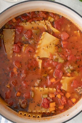 Soup after cooking showing soft lasagna noodles.
