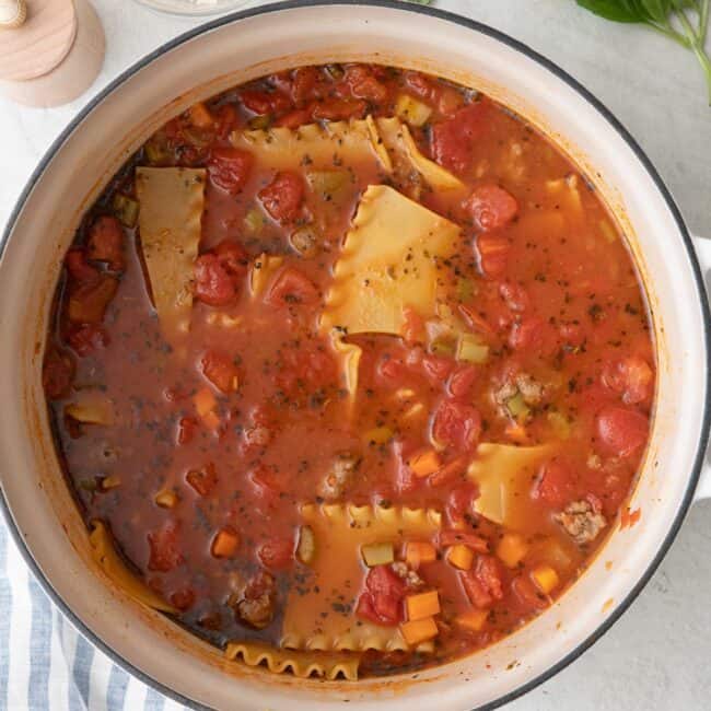 Soup after cooking showing soft lasagna noodles.