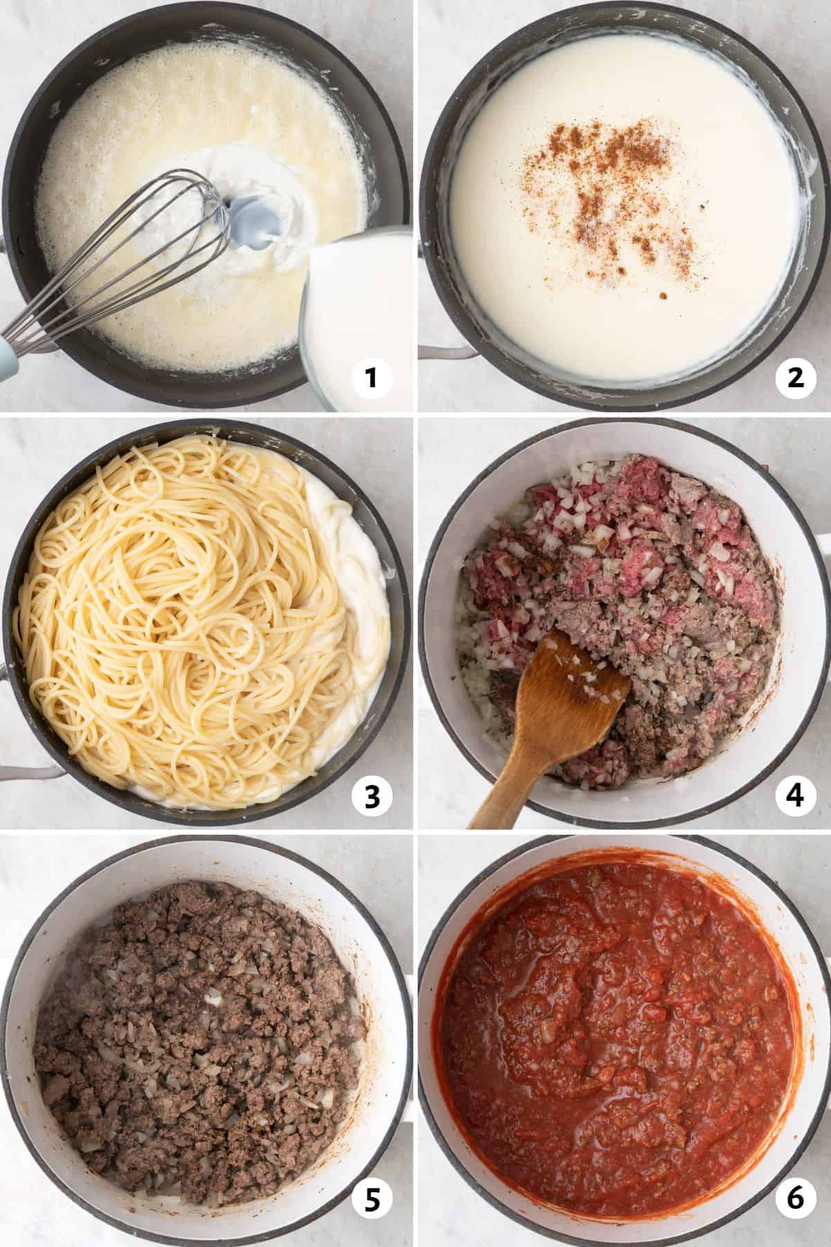 6 image collage making 2 sauces: 1- whisking melted butter, flour, and milk, 2- sauce after smooth with nutmeg on top, 3- cooked pasta added on top of sauce, 4- ground beef mixture partially cooked, 5- ground beef and spices after cooking, 5- crushed tomatoes mixed in.