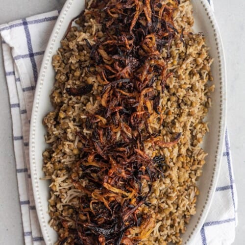 Mujadara on a serving dish.