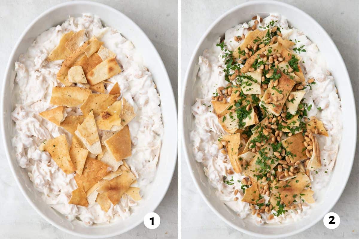 2 image collage adding toppings: 1- toasted pita added, 2- toasted pine nuts and fresh parsley added.