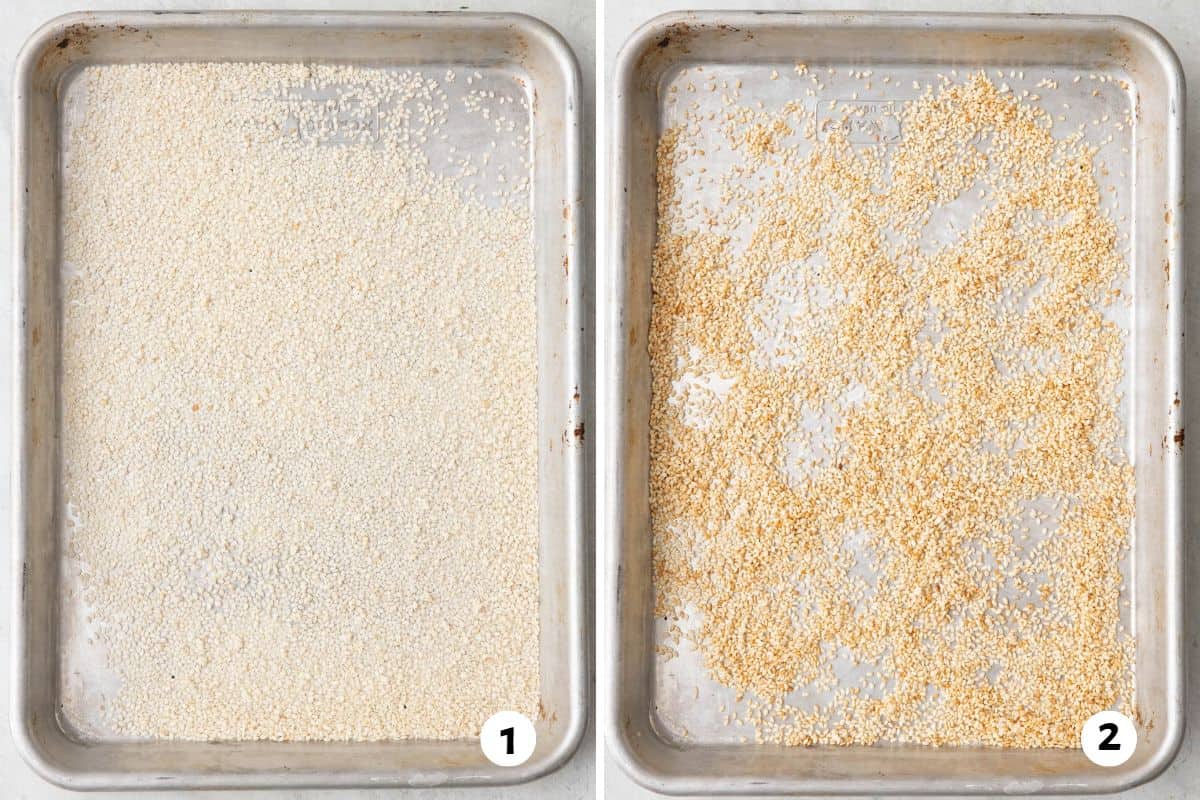2 image collage toasting in the oven on a baking sheet.