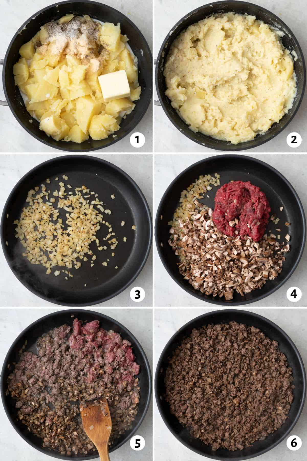 6 image collage preparing fillings: cooked potato chunks in a pot with milk, butter, and seasonings added before mashing, 2- after mashing, 3- diced onions cooked in a large skillet, 4- ground beef and mushrooms added, 5- breaking mostly cooked beef into crumbles, 6- beef and mushroom mixture after fulling cooked tossed with 7 spice.