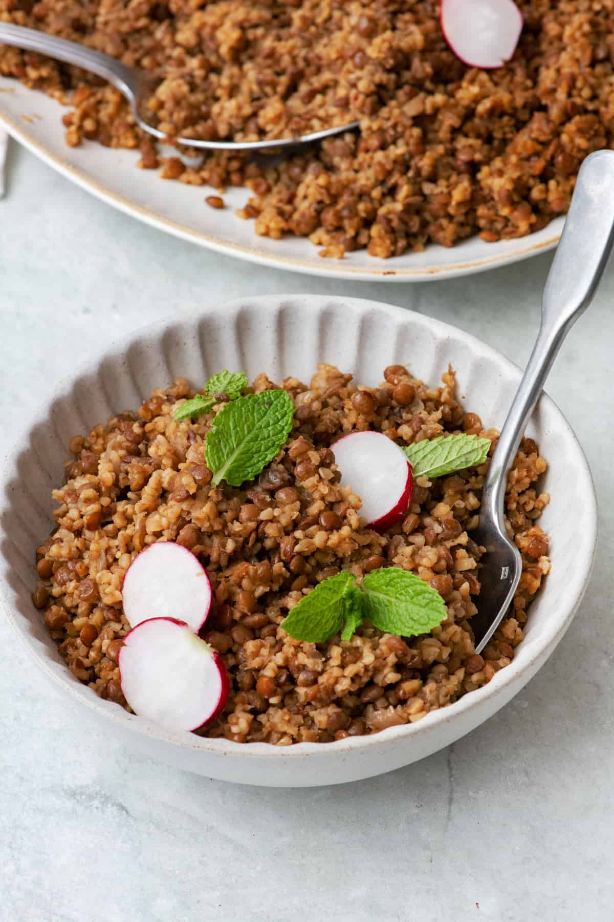 Mujadara hamra served in a small bowl topped with mint and radishes next to large serving platter showing some of it removed with serving spoon in the dish.