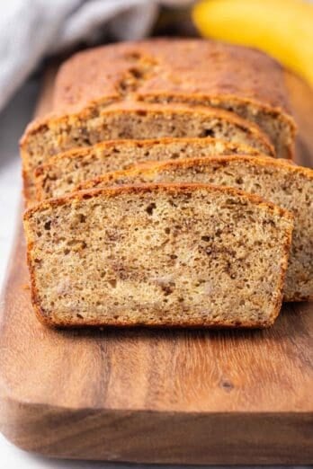 Yogurt banana bread sliced from the loaf.