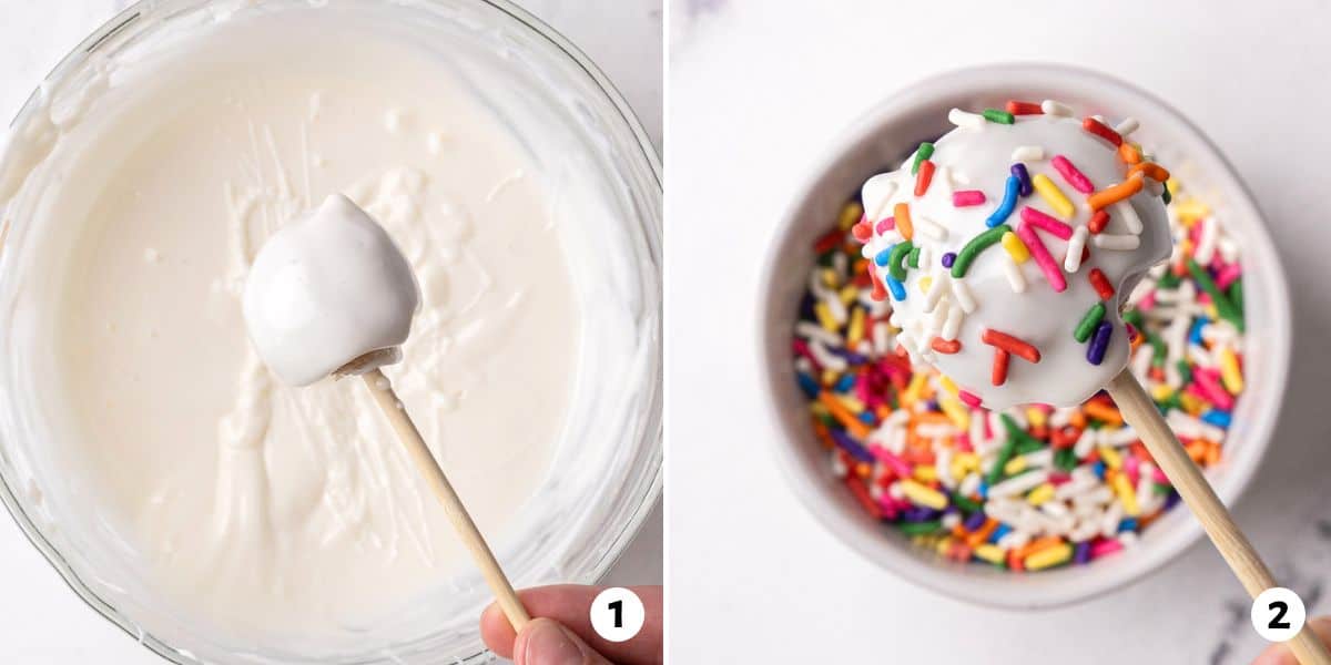 2 image collage coating recipe with melted chocolate and then sprinkles.