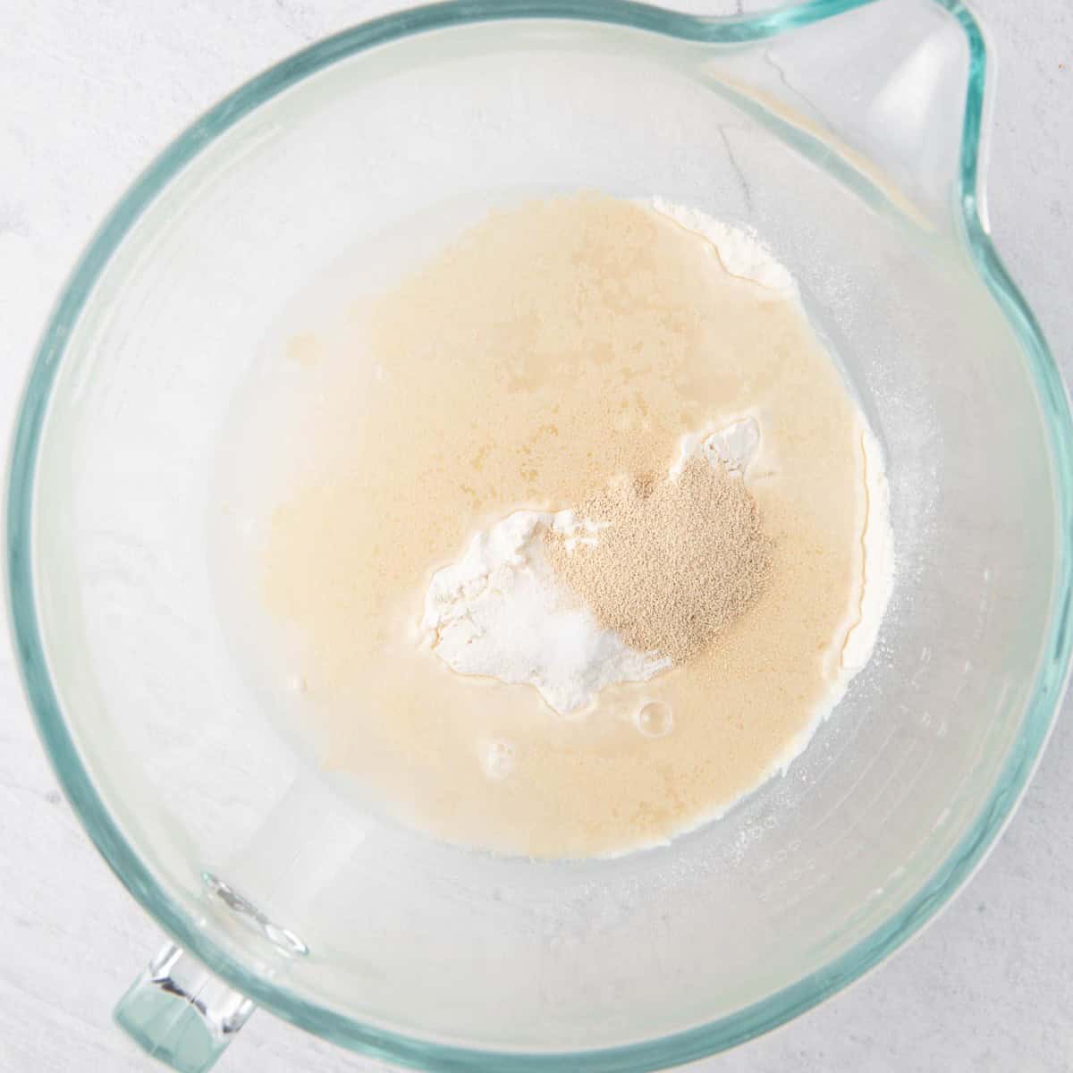 Flour, water, yeast, and salt in a stand mixer bowl before mixing.