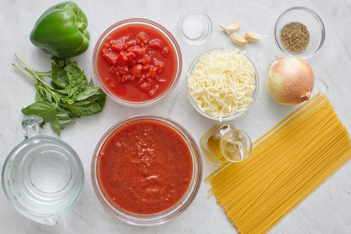 Collage of uncooked spaghetti in baking dish to make baked spaghetti