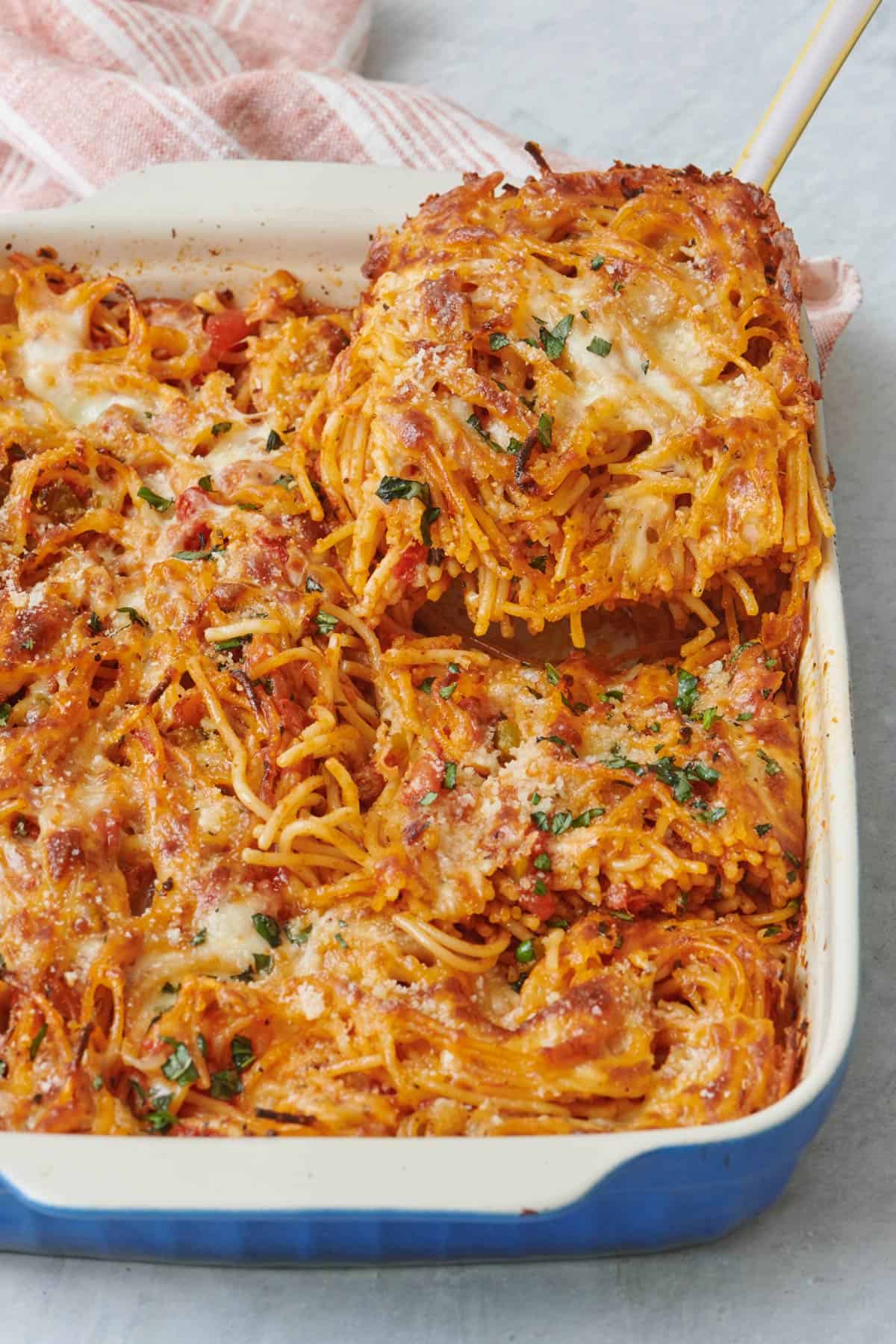 Close up shot of final baked spaghetti recipe