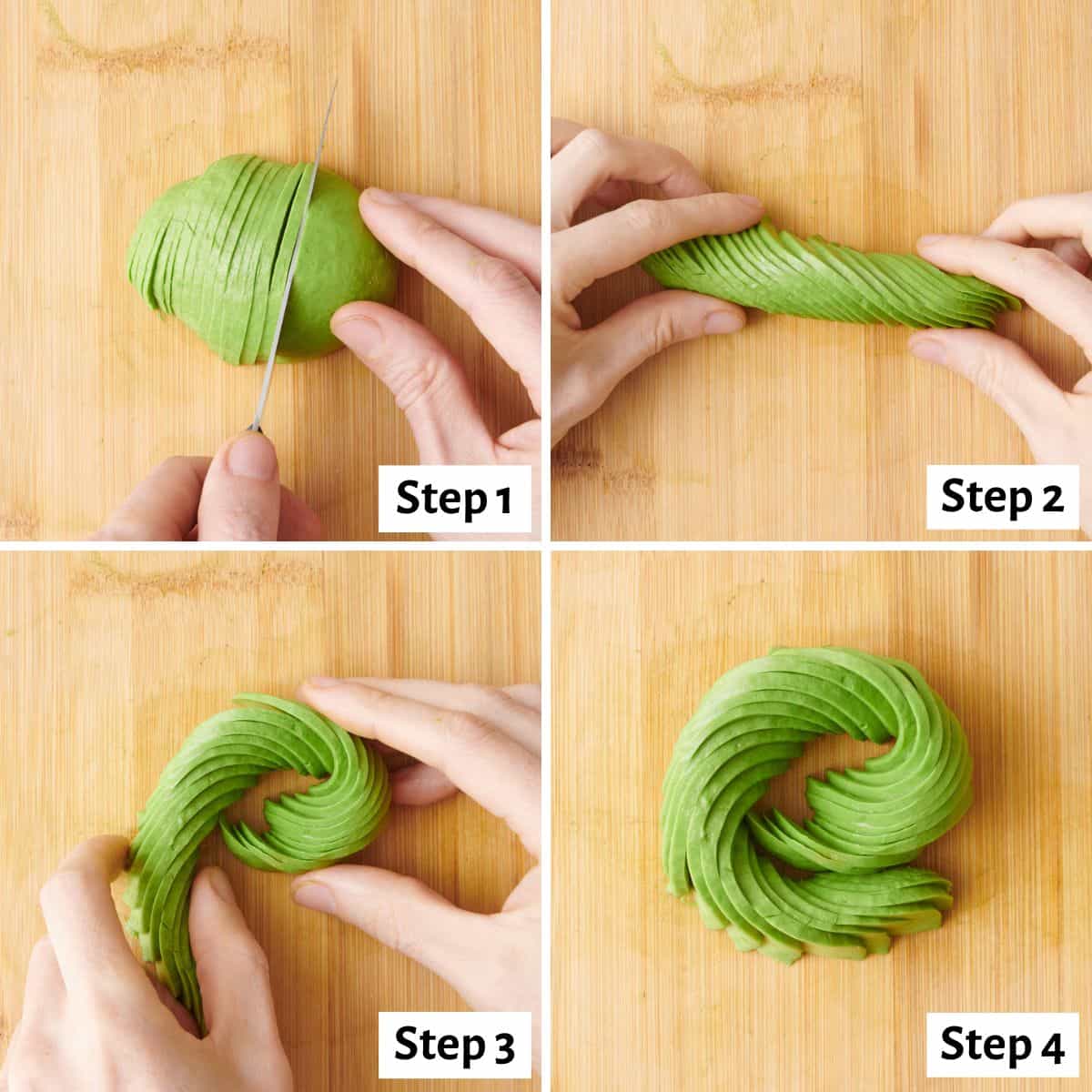 4 image collage cutting an avocado into a rose: step 1-thinly slicing half an avocado crosswise, step 2- fanning slices into a long line, step 3- gently rolling the slices into a circle, step 4- avocado slices after forming into a rose or spiral.