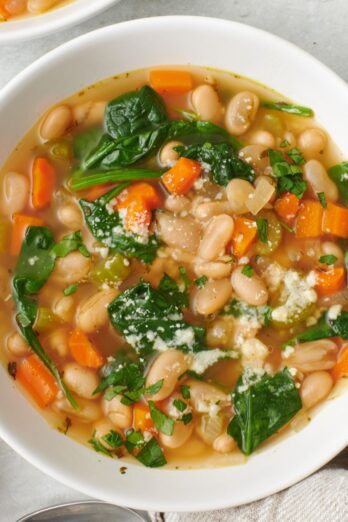 white bean soup in a bowl close up view