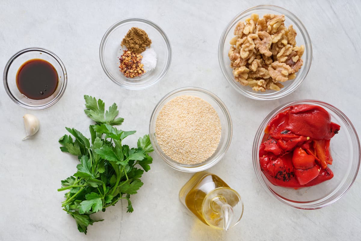 overhead shot of ingredients for Homemade Muhammara Dip