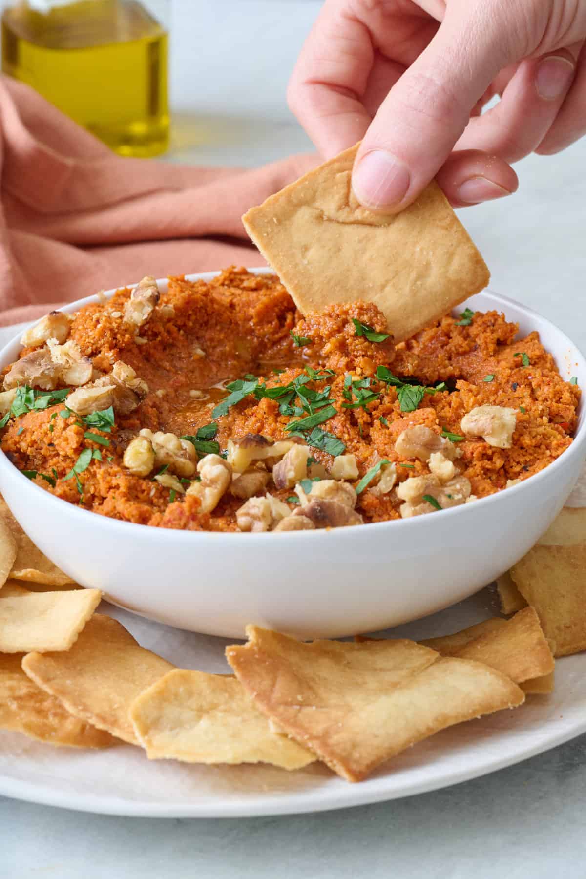 overhead shot of Muhammara Dip in a bowl