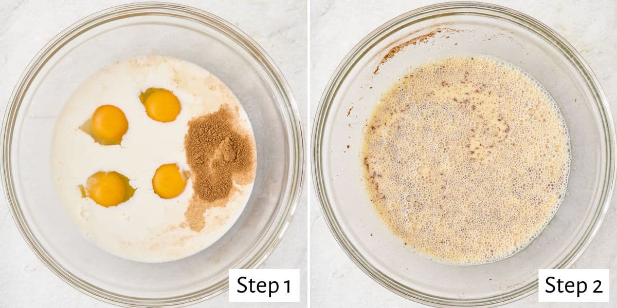 Collage of two images. Melted peanut butter and milk on the left and eggs added on the right