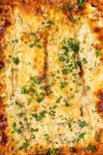 Zucchini lasagna in a baking dish.