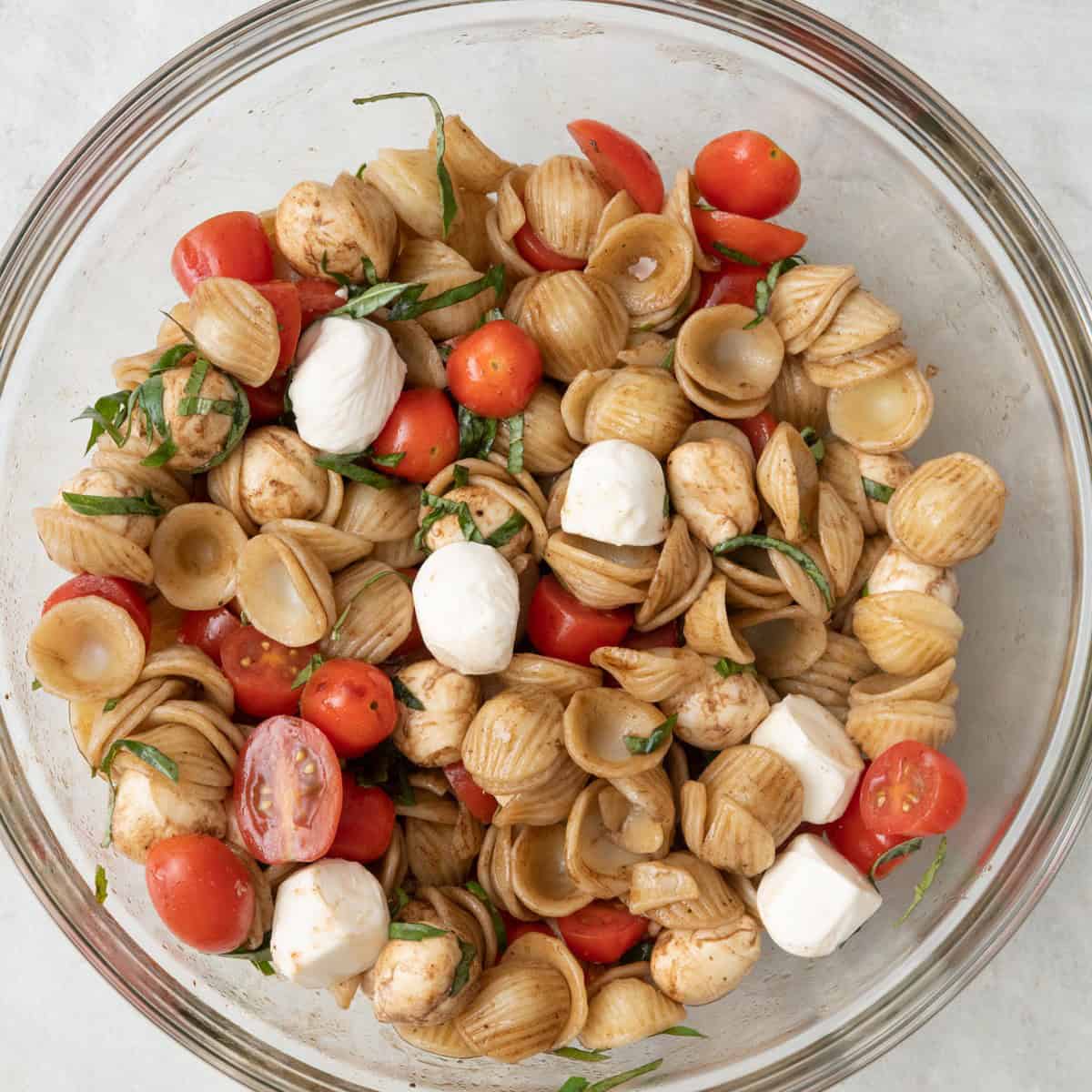 Pasta salad after tossing.