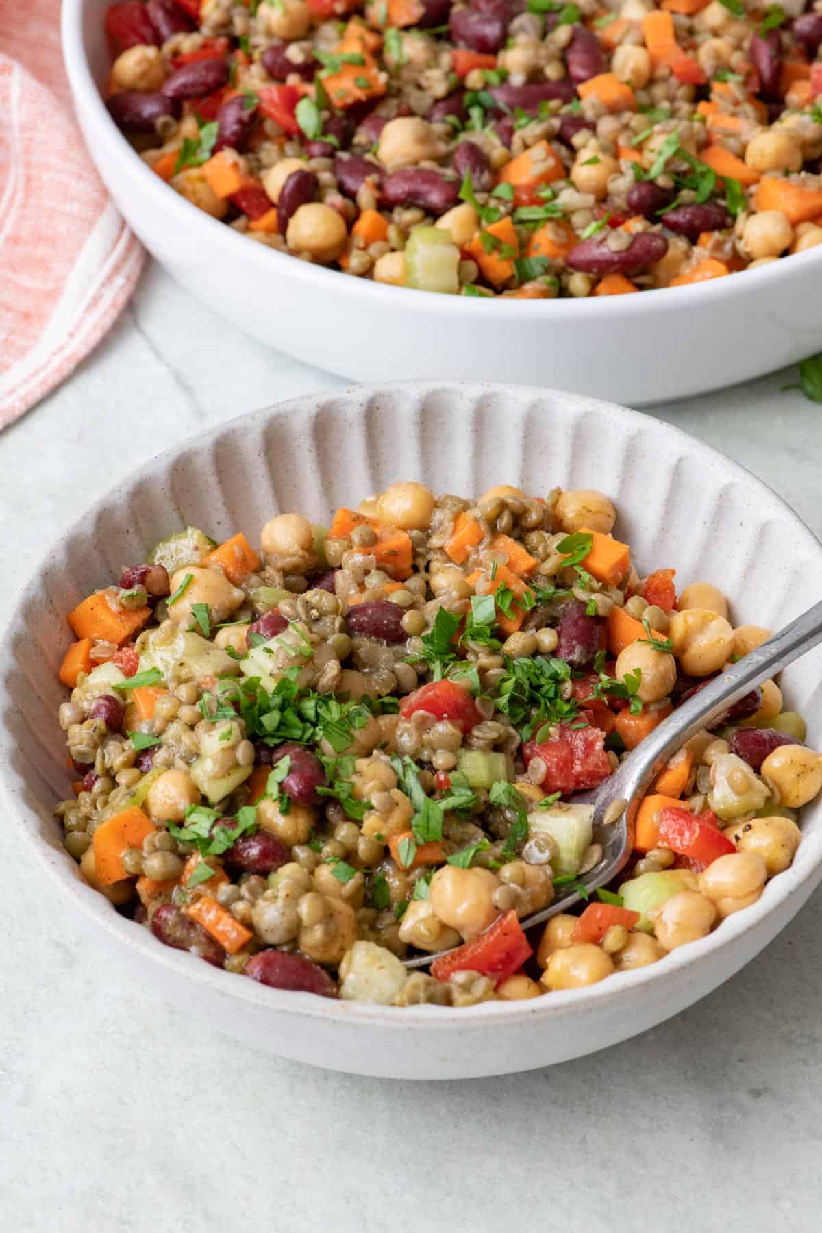 A small dish of chopped protein salad with the serving bowl nearby.